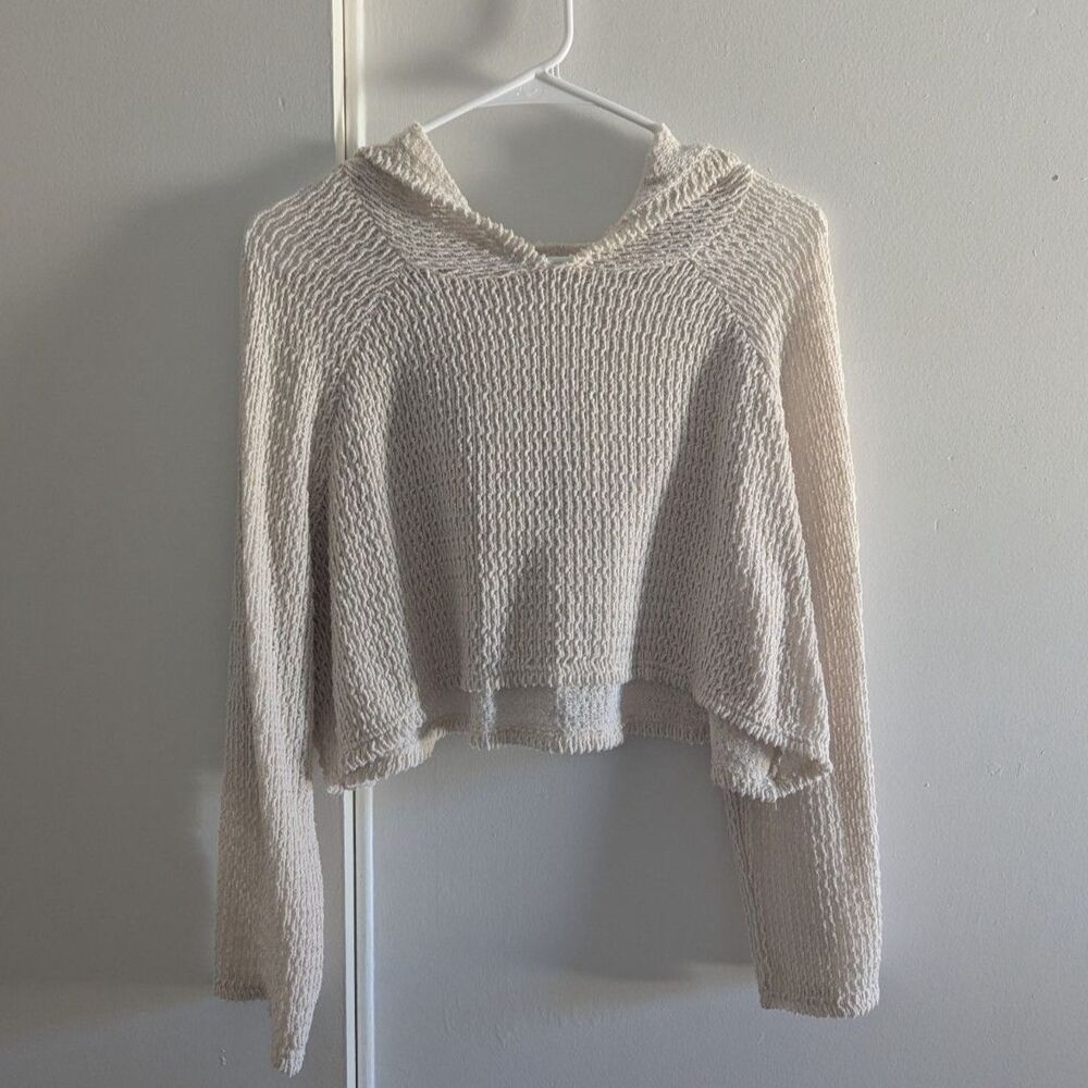 Off-White Textured Boho Knit Crop Hoodie beach cover up summer swim